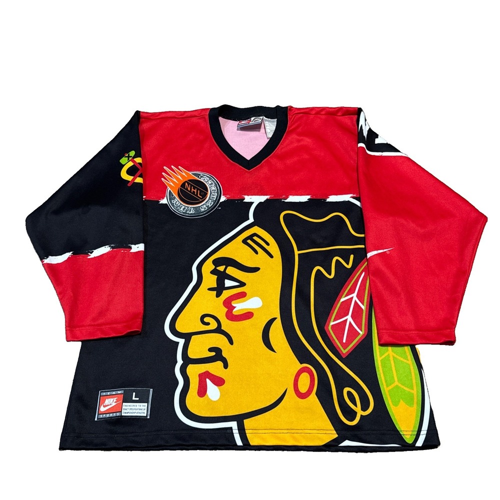 Vtg 1990's Chicago Blackhawks Jersey Nike All Over Print Hockey NHL Adult Large